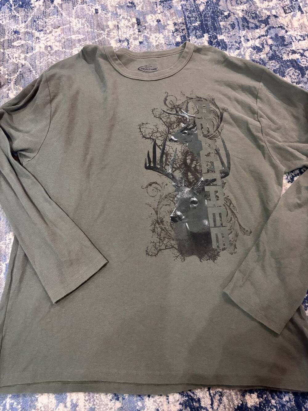 Team Realtree Long Sleeve Waffle Knit Shirt XX-Large Green Deer Graphic